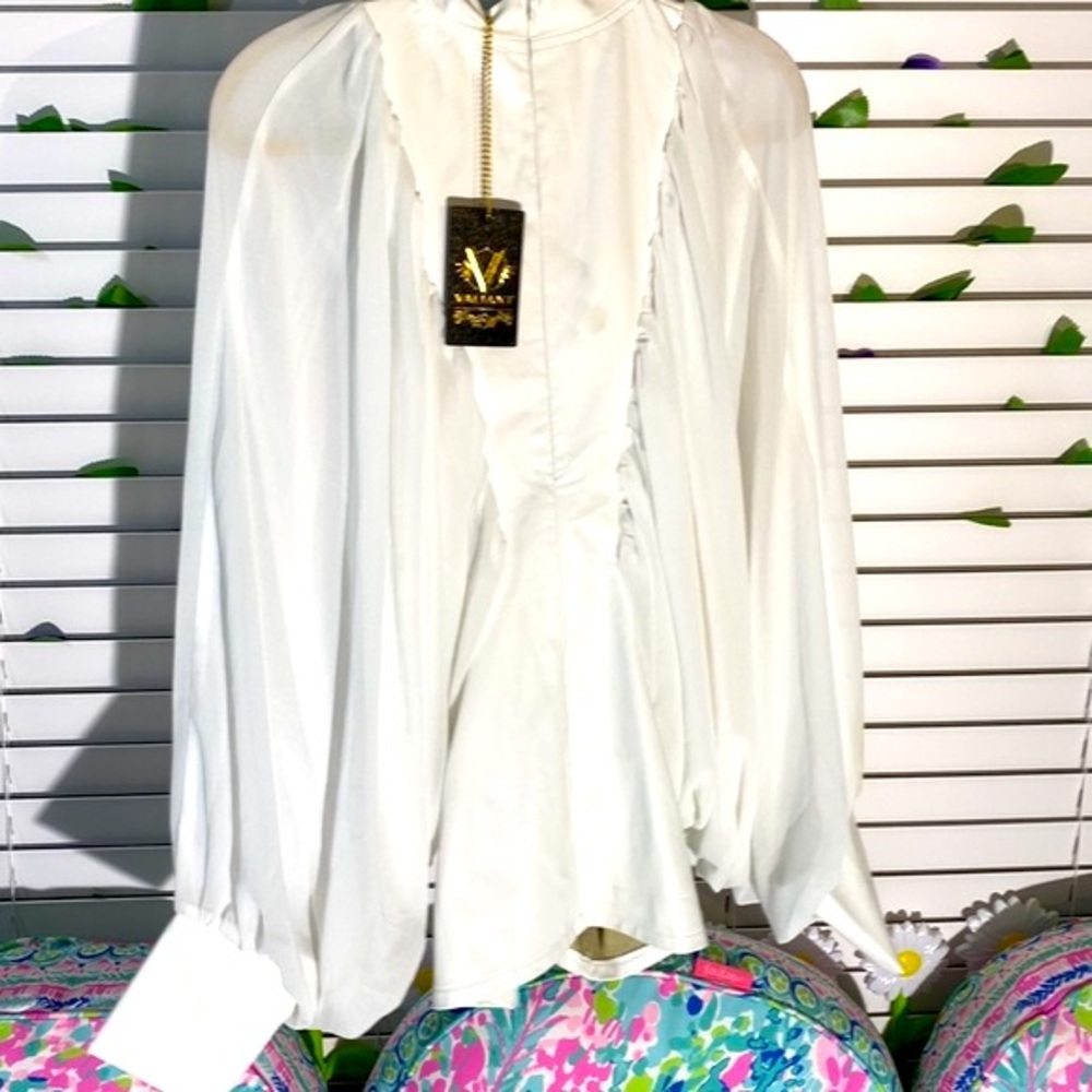 NEW! Valiant Paris white chiffon batwing top with slimming leather look bodice
